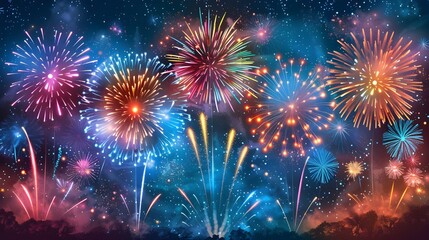 Fireworks new years celebration 2025, abstract transparent background, holiday festive season party city event. Warm yellow gold colourful star fire display illuminate night sky. 3d modern digital art