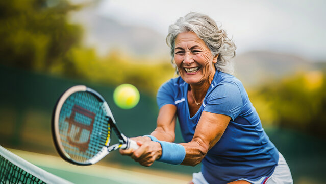 Senior woman playing tennis on an outdoor court, showing her energy and active lifestyle. She is smiling while hitting the ball with her racquet.