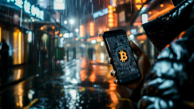 A person holds a smartphone with a cryptocurrency symbol displayed, standing in a rainy city street at night with neon lights in the background.