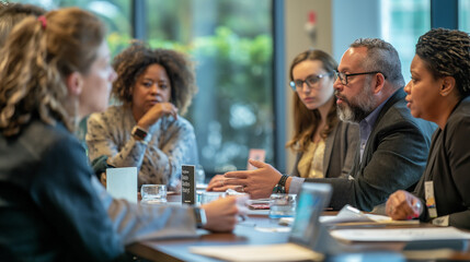Within the confines of a conference room, a diverse group of business professionals comes together for a meeting of minds animated conversation fills the air as they discuss ideas and strategies, 