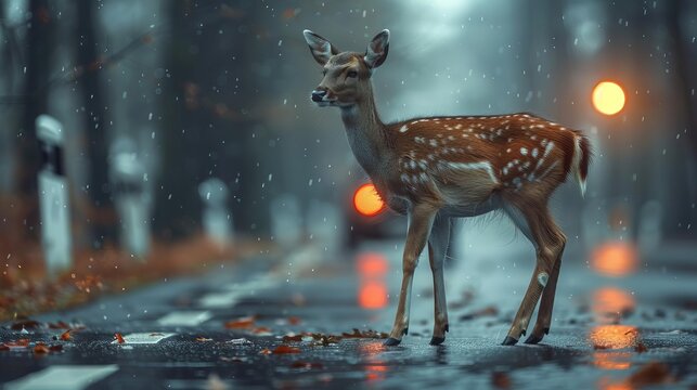 A deer stands in the middle of an empty road at night. It is raining and the streetlights are reflecting in the puddles. The deer is looking at the camera.