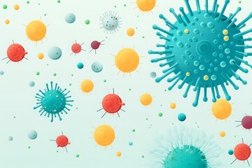 Colorful illustration of various viruses and bacteria types on a light background, showcasing different shapes and structures.