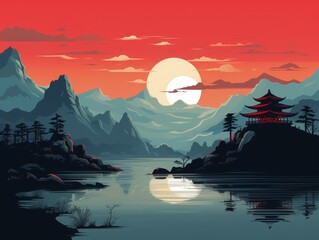Serene mountain landscape with a traditional pagoda by a calm lake at sunset, red sky, and peaceful ambiance. Perfect for nature enthusiasts.