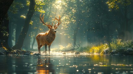 A majestic elk stands in a tranquil forest clearing, sunlight filtering through the trees