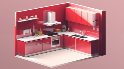 Vector concept of ruby color wall kitchen interior, isometric view, contemporary design with marble countertops