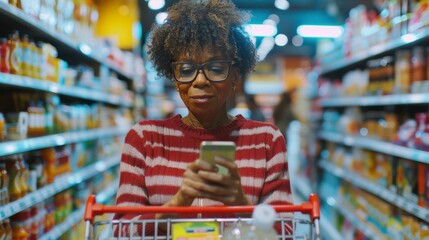 Woman Using Smartphone in Supermarket