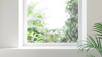 Serene Indoor View of Lush Greenery and Tranquil Sky through Bright Window