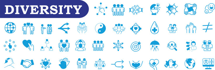 Diversity icon set featuring blue symbols representing inclusion, equality, and community. Ideal for projects on social justice, teamwork, and multiculturalism