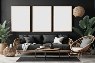 home interior with rattan furniture and decor in Black living room, blank poster frame