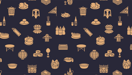 Seamless pattern of Ghost Festival icons on a dark background