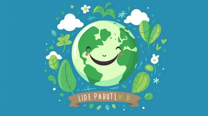 Cartoon image of a happy earth character surrounded by vegetables or plant in flower pot and fluffy clouds on a blue background. Green environment and growing sustainability or clean energy. AIG35.