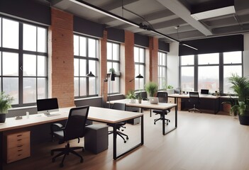 Fototapeta premium Perspective view on stylish workspace table with modern computers on glossy ceramic tiles floor in coworking office with light wall background and city view from big windows Mockup Frame. 3D rendering