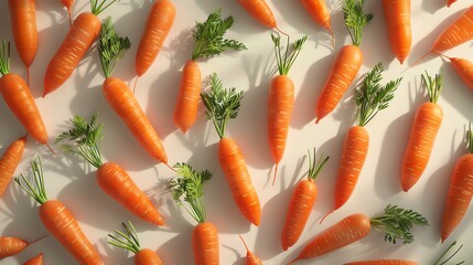 Produce a mesmerizing, 3D render showcasing a birds-eye view of vibrant, freshly picked carrots on a crisp, white backdrop Craft each detail with precision to captivate the viewer