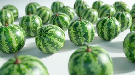 Produce a stunning 3D render of a panoramic view of luscious watermelons, each isolated on a crisp white background, capturing their vibrant colors and juicy textures