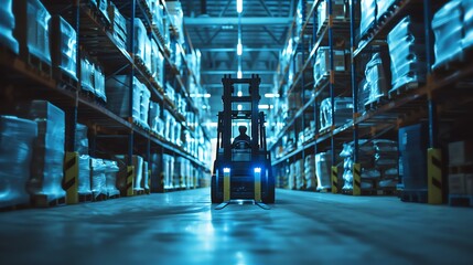 A forklift in a dimly lit warehouse. The forklift is blue and the warehouse is dark.