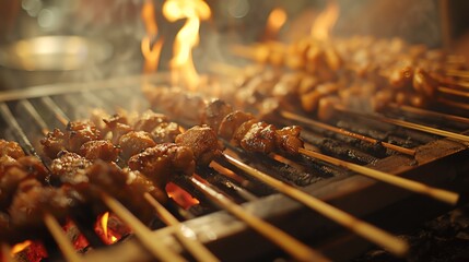 An Indonesian street food vendor grills satay, a popular dish made from skewered and grilled meat. The satay is served with a peanut sauce.