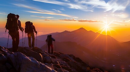 Three hikers watch the sun rise over a mountain range