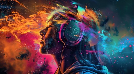 Create a vibrant and colorful portrait of a woman listening to music with headphones. Depict the music as a visual burst of energy flowing through her body.