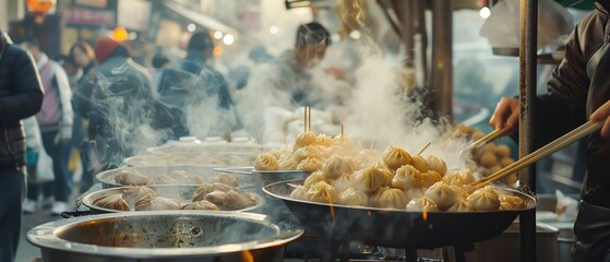 A street vendor in China is cooking up a batch of delicious dumplings