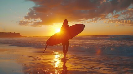 The surfer walks along the beach, surfboard in hand, as the sun sets behind them.