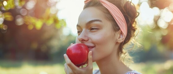 Young woman enjoys a fresh red apple on a sunny day, highlighting health, lifestyle, and outdoor beauty in a natural, serene setting.