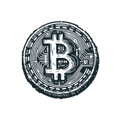 The old bitcoin metal coin. Black white vector logo illustration. 