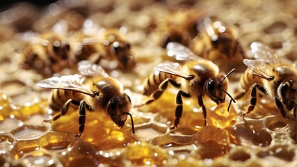 A close-up shows bees at work on honey cells
