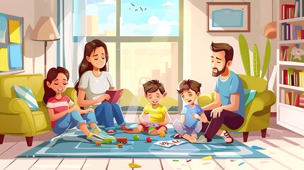 Happy Family Fun Time: Parents Engaging Children in Educational Games in Cute Living Room Setting