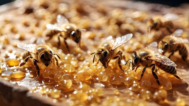 A close-up shows bees at work on honey cells