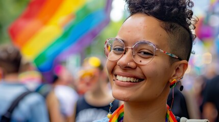 A genderqueer individual proudly holding a sign at a Pride march.