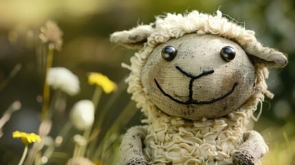 Smiling Plush Sheep Toy on Wooden Background