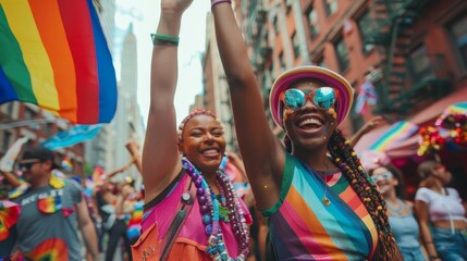 Fototapeta premium A joyful LGBTQ+ couple holding hands at a Pride parade.
