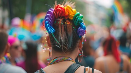 A pansexual individual wearing pride accessories at a community event.