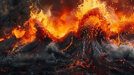 Portray the dynamic energy of volcanic eruptions through geometric shapes and lines