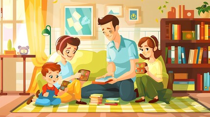 Happy Family Time - Parents Engaging Kids in Fun Educational Games in Cartoon Decorated Living Room at Noon