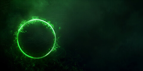 Circle Of Neon Green With Smoke On Dark Background. abstract background with green smoke swirls. 
