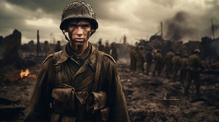 World war solder with the war background, smoke and fire, friendly army solders in background