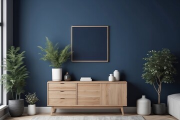 minimalist commode with decor in living room interior, dark blue wall background, blank poster frame