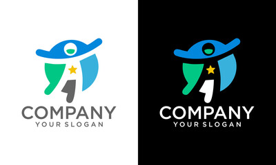 Creative circle Letter A/a logo happy little boy. Child vector logo with Star on body. Creative child icon, healthy and smart child logo.