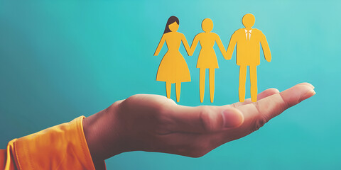 Parents with one child holding hands, paper cut out, copy space, sky-blue colored background, relationship. 

