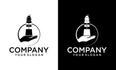 Creative Hand with Lighthouse logo. Harbor icon. Light beacon symbol. Maritime tower emblem. Vector illustration.