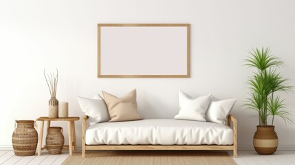  Blank frame in bright modern living room with white sofa.