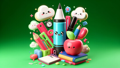 Various school objects arranged around a funky large marker on a green background 