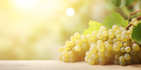 Lush Green Seedless Grapes and Vines with Verdant Leaves: A Stunning Table Setting with Blurred Bokeh Backdrop