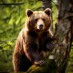 Fototapeta premium A European brown bear climbs up a tree