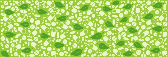 Medicine vintage seamless pattern. White Background made from pills and capsules.  Homeopathy, naturopathy. Complementary, alternative, integrative, holistic Vector Illustration