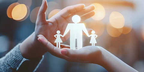 A paper family holding hands, in the hands of the woman and the man who hold out, with the concept of conceiving a child and creating a family.
