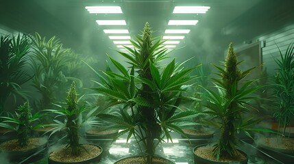 Vibrant Neon Green Cannabis Leaves Thriving in Bright Grow Room Setup with Lush Foliage and