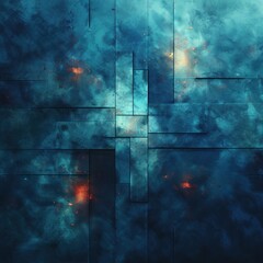 Abstract smoky blue pixel art background with squares and lines, creating a futuristic design. The blue image is composed of square shapes on a textured surface