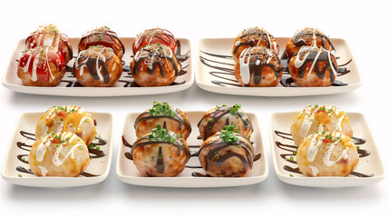 Baked Takoyaki collection in 3d, for product presentation. white background